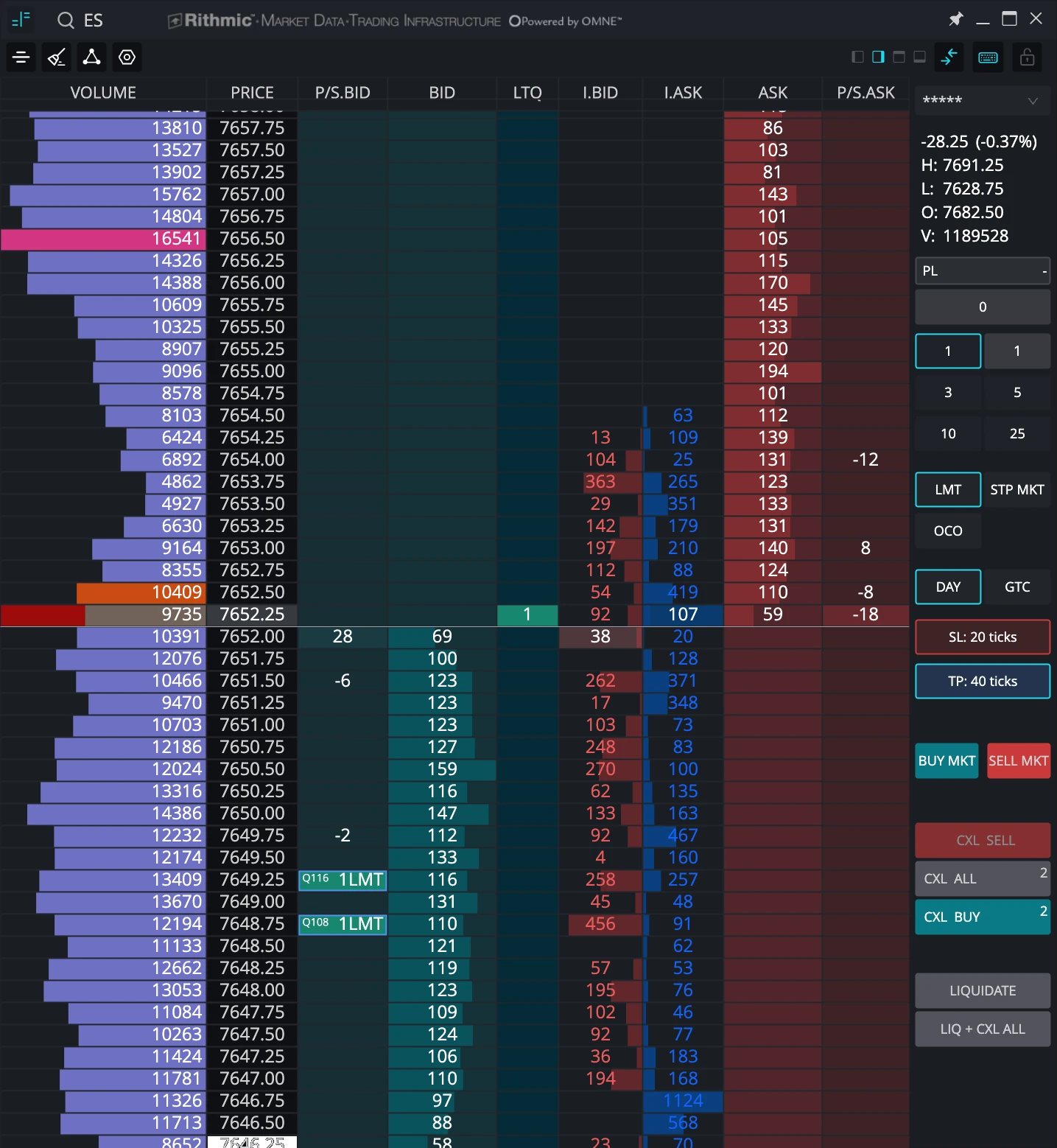 Tradrr depth-of-market ladder with volume profile and order controls